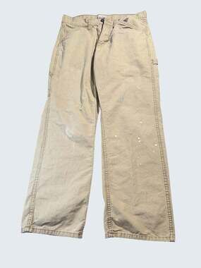 Blue Mountain Men's Canvas Carpenter Work Pants 34x32 Tan Distressed Paint Splat